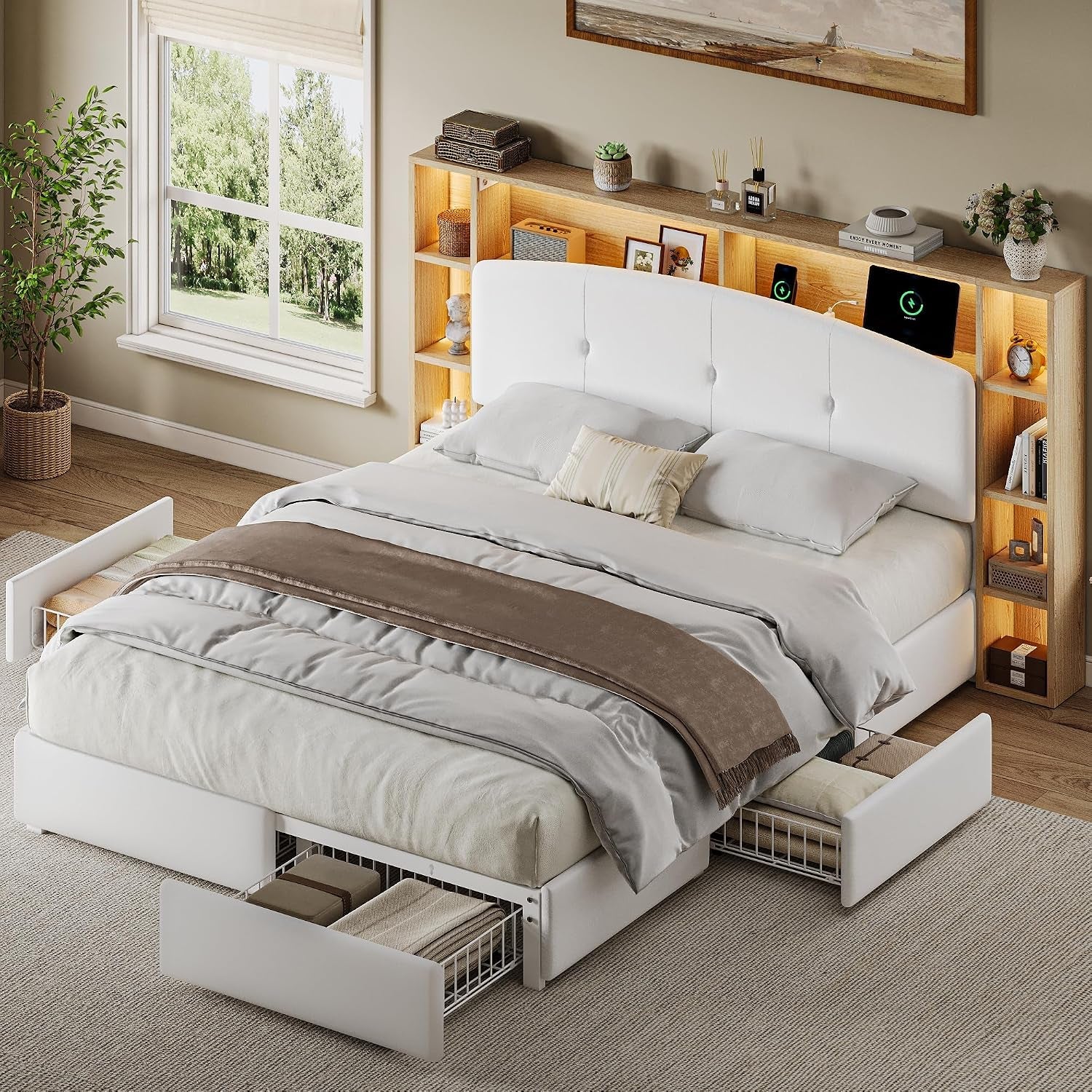 full-bed-frame-with-5-tier-storage-headboard-4-large-drawers-curved-velvet-upholstered-platform-bed-frame-with-charging-station-led-lights-heavy-duty-slats-support-noise-free-white