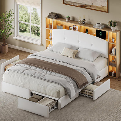 Full Bed Frame with 5-Tier Storage Headboard & 4 Large Drawers, Curved Velvet Upholstered Platform Bed Frame with Charging Station & LED Lights, Heavy Duty Slats Support, Noise-Free, White3