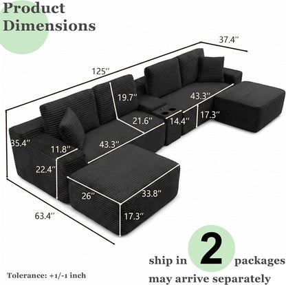 125" Oversized Sectional Couches for Living Room, Modern Boneless Cloud Couch with Ottoman,Usb Port&Cup Holders, Comfy Corduroy Modular Sectional U Shape Sofa Couch for Apartment,Black Couch in a Box2