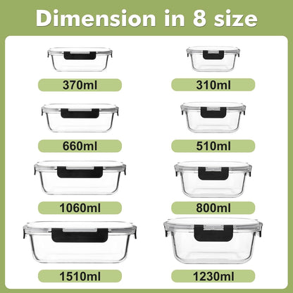 8 Pack Glass Food Storage Containers with Lids, Meal Prep Containers, Airtight Bento Boxes with Leak Proof Locking for Microwave, Oven, Freezer and Dishwasher, BPA Free9