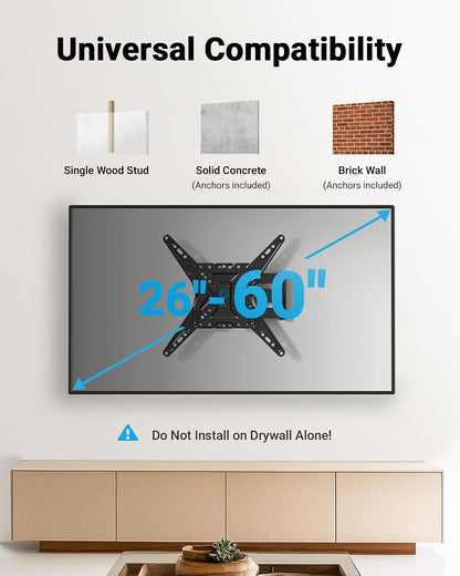 TV Wall Mount for Most 26 32 50 55-60 Inch Tvs, Full Motion TV Mount with Swivel, Tilt & Extension, Single Stud Wall Mount Bracket Holds up to 77 Lbs, Max VESA 400X400Mm, PIMF112