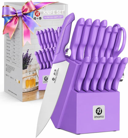 14-Piece Knife Set with Block, Utility Knife, Purple | Glides through Meat, Fish, Veggies & Bread, Standout Color for Stylish Kitchens, Built-In Sharpener1