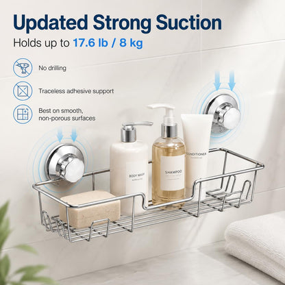 Strong Suction Cup Shower Caddy Bath Shelf Storage with 4 Side Hooks, Combo Organizer Basket for Shampoo, Conditioner, Soap, Razor Bathroom Accessories, Chrome, 2 Count5