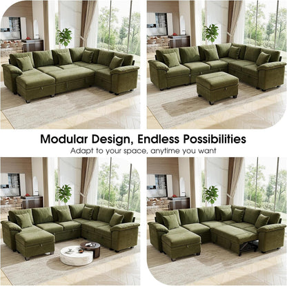 107.8" Modular Sectional Sleeper Sofa with Pull Out Bed, U Shaped 7 Seat Couch with 221L Storage, Convertible Cloud Couch Bed with Ottoman, Sectional Couches for Living Room, Apartment (Green)8