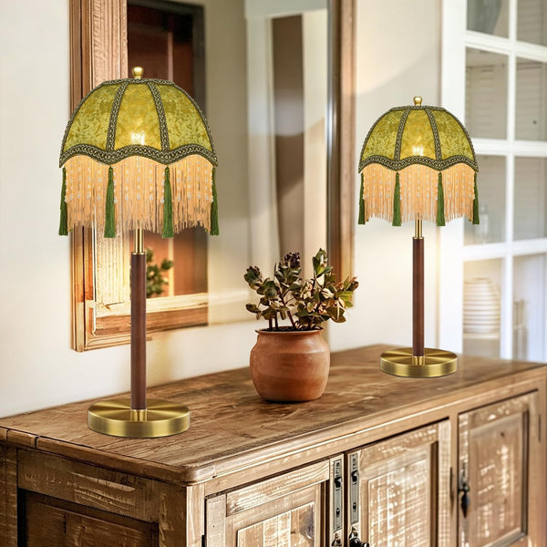 Victorian Gold Table Lamp for Living Room Bedroom Set of 2,Dimmable Bedside Lamps with Vintage Olive Green Velvet Tassel Lampshade,Scallop Bell Fringe Small Lamps for Nightstand Home Decor1