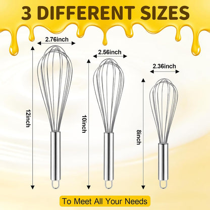3 Pack Stainless Steel Whisk, 8" 10" 12" Thicken Heavy Duty Whisk Set, Food Grade Kitchen Wire Whisks for Cooking, Whisking, Blending, Stirring2