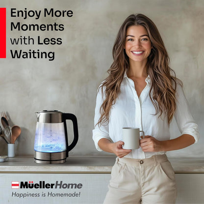 MUELLER HOME Rapid Boil Electric Tea Kettle 1.8L, Bpa-Free Hot Water Boiler | Borosilicate Glass & Stainless Steel, LED Light, Auto Shut-Off, Boil Dry Protection Fast Water Heater, Kitchen Appliances6