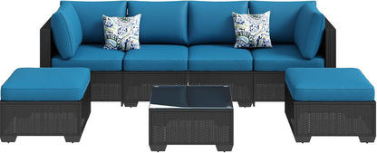 7 Piece Outdoor Patio Furniture Set, Outdoor Sectional Conversation Furniture Chair with Coffee Table, Patio Sectional for Backyard, Garden(Peacock Blue Cushion and Black Rattan)8