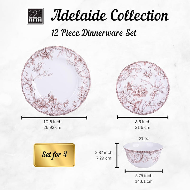 Adelaide Brown on White 12-Piece Dinnerware Set – Service for 4, Big Dinner Plates and Bowls Sets,Durable Porcelain, Microwave and Dishwasher Safe, for Everyday Dining & Entertainment+2