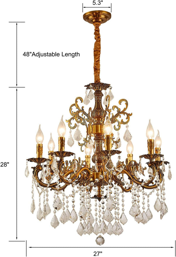 Vintage 8 Arms Crystal Chandelier Candle Light Fixture for Dining Room Living Room Bedroom Hallway Entryway Antique Gold Finish (27"-8 Lights)2