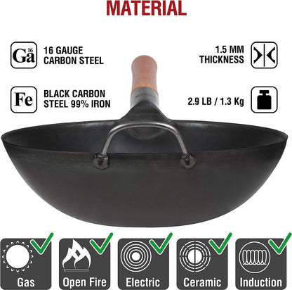Carbon Steel Wok Pan – 11,8 “ Woks and Stir Fry Pans + Wok Lid 11.4 in - Premium Stainless Wok Cover with Tempered Glass Insert Steam Holes and Ergonomic Handle4
