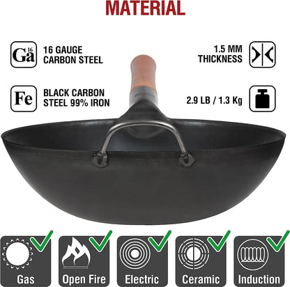 Carbon Steel Wok Pan – 11,8 “ Woks and Stir Fry Pans + 17’’ Wok Spatula and Ladle - Set of 2 Heat-Resistant Wok Tools4