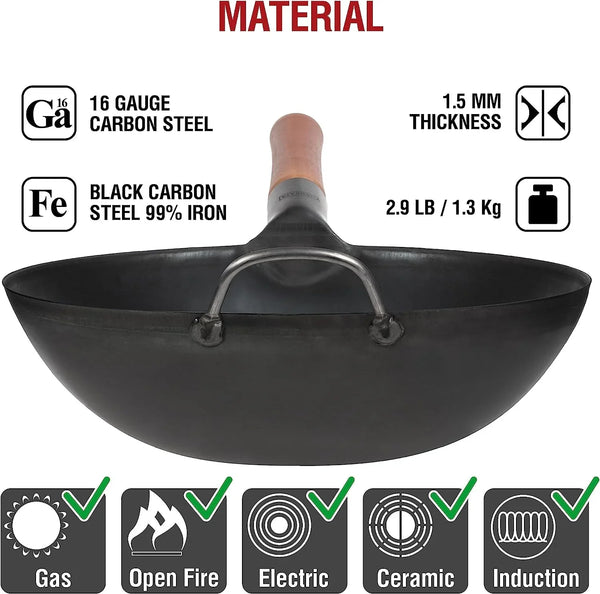 Carbon Steel Wok Pan – 11,8 “ Woks and Stir Fry Pans + 17’’ Wok Spatula and Ladle - Set of 2 Heat-Resistant Wok Tools4