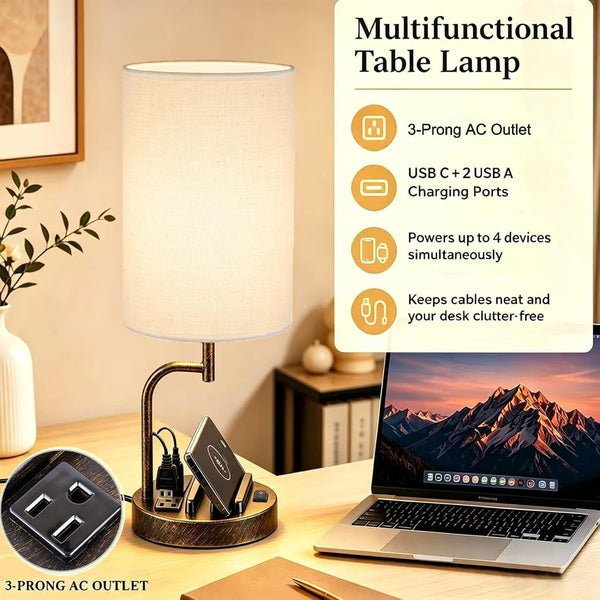 2 Pack Table Lamp, Bedside Lamp with 3 USB Charging Ports & AC Outlet, USB Desk Lamp with 2 Phone Holders, Linen Fabric Shade Nightstand Lamps for Bedroom Living Room Office, Antique Brass3