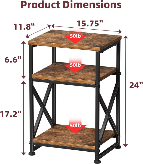 Side Table, End Table with 3 Tiers Open Shelves, Bedside Table for Sofa Couch, Nightstand, Living Room, Bedroom, Rustic Brown3