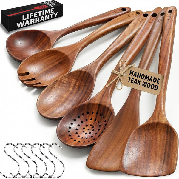Prioritychef Wooden Spoons for Cooking, Premium 6Pc Teak Wood Utensil Set with Hanging Hooks1