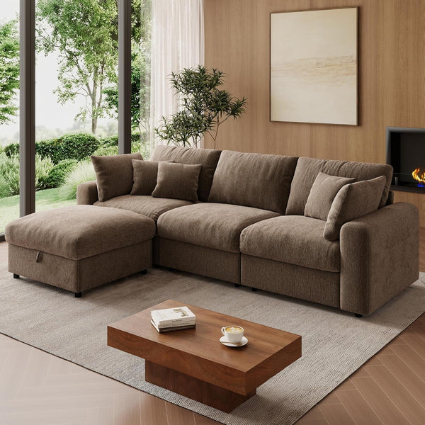 110” Cloud Sectional Couches for Living Room, Modular Sectional Sofa with Deep Seat, Convertible L-Shape Couch with Storage Ottoman for Bedroom Apartment, Chenille (Brown)1