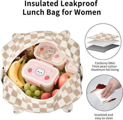 Lunch Bag Women Lunch Box for Women Adult Cute Insulated Lunch Bag Lager Cooler Lunch Tote Bags for Work Picnic (Beige-Brown Plaid)5