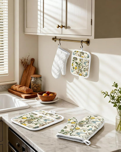 Cotton Oven Mitts and Pot Holders Sets, Lemon Songbird2