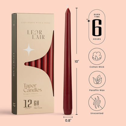Dark Red Taper Candles, 12 Pack, 10" Unscented Burgundy Candles2