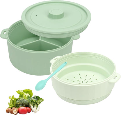 Microwave Rice Cooker, 2-Layer Microwave Pasta Cooker and Steamer for Rice, Vegetables, Quinoa, Oatmeal, Ramen –Silicone Non-Stick (Green)1