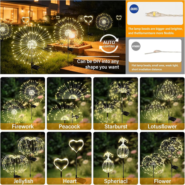 Solar Garden Lights Outdoor Decor Waterproof, 4Pack 120LED Firework Lights for Garden Decorative, Fairy Lights Solar Powered for Yard, Patio,Pathway,Flowerbed,Planter,Party(Warm White)2