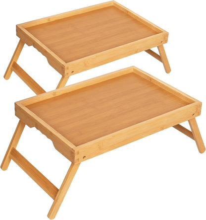 2 Pack Bamboo Bed Tray Tables with Folding Legs, Medium, Natural | Set of 2 Bamboo Bed Trays with Folding Legs and Wave Handles for Meals, Laptops and Serving in Bed or on Sofa.1