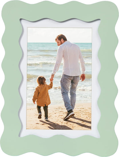 5X7 Cute Picture Frame, Wavy Curved Photo Frame with 4X6 Mat and Real Glass, Unique Funky Frame for Table and Wall Display, Home Office Desk Decoration Art, Gift (5X7, Sage Green)1