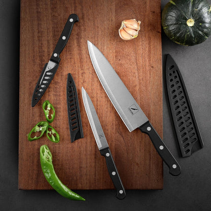 Kitchen Knife, 3-Pcs Knife Set with Sheath, 8 Inch Chef Knife, 4.5 Inch Utility Knife, 4 Inch Paring Chef Knife, Stainless Steel, Black4