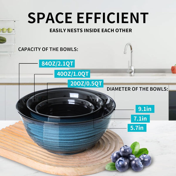 Ceramic Mixing Bowls Set for Kitchen, Handmade Serving Dishes for Entertaining, 2.1/1.0/0.5 Qt Deep Microwave Safe Nesting Bowls for Storage and Baking, Blue2