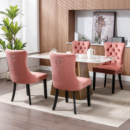 Pink Velvet Dining Chairs Set of 6, Tufted Back with Ring Pull | Nailhead Trim; Padded Seat and Back; Solid Wood Legs; Armless Design; Modern Style; Dining Room, Kitchen or Restaurant；2