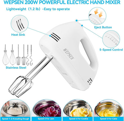 Hand Mixer Electric Mixing Bowls Set, 5 Speeds Handheld Mixer with 4 Nesting Stainless Steel Mixing Bowl, Measuring Cups Spoons 200W Kitchen Blender Whisk Beater Baking Supplies for Beginner3