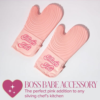 Oven Mitt Set with Iconic That'S HOT Design, Heat Resistant Pot Holders Featuring Non-Slip Textured Silicone Grips, 2-Piece Set, Pink6