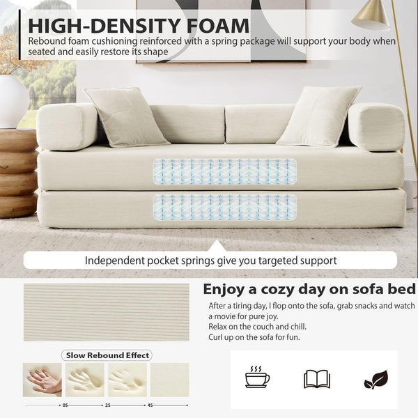 78 Inch Convertible Sleeper Sofa Bed, Folding Floor Mattress Couch with Fixed-Shape Frame, Futon Boneless Couch Lounge Loveseat with Pull Out Bed, No Assembly Required (Beige)4
