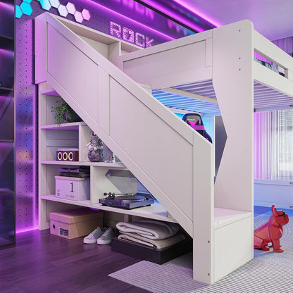 Queen Loft Bed with Storage Stairs and Charging Station, Beige5
