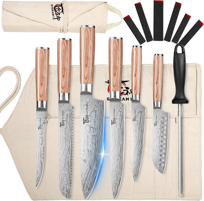 14Pcs Chef Knife Set with Roll Bag, Professional Stainless Steel Japanese Knife Set with Pakkawood Handle for Professional Chef, Camping, Travel, BBQ, RV or Gift Beige | High Carbon Stainless Steel Japanese Knife Set with Sharpener, Wood Handle, Professional for Home, Camping, BBQ, Ideal Gift1