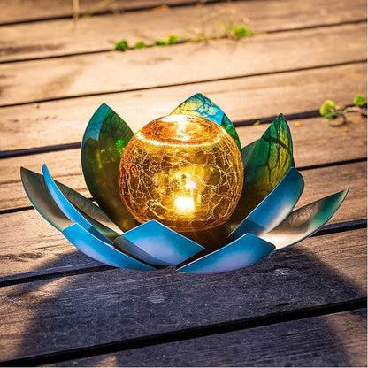 Solar Light Outdoor Garden Decor Blue Metal Crackle Globe Glass Waterproof LED Lotus Flower Table Lamp Decorations for Patio Yard Porch Pathway Ground1