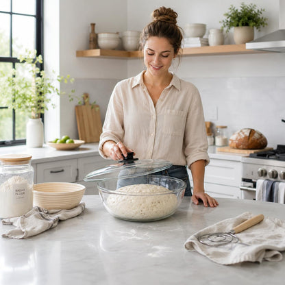 6 QT Large Glass Mixing Bowl with Lid, Clear Thickened Glass Bowl for Sourdough Bread Salad Baking Prepping and Food Storage, Dishwasher Microwave Freezer8