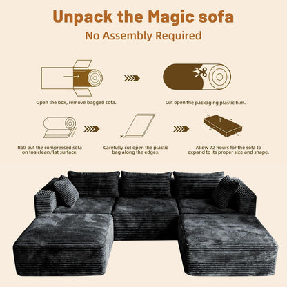 110 Modular Sectional Boneless Sofa with 2 Ottomans, Corduroy U-Shaped Modular Sectional Sofa, Convertible Cloud Couch with Deep Seats, No Assembly Required (Grey, 110" 3Seat+2 0Ttoman)7