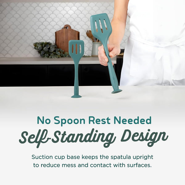 Silicone Spatula Set with Suction Cup Handle – Silicone Spatulas Cooking Utensils Set, 2-Piece, Self-Standing, Heat-Resistant, Non-Stick, Dishwasher Safe, Teal – Kitchen Utensils (Patent Pending)2