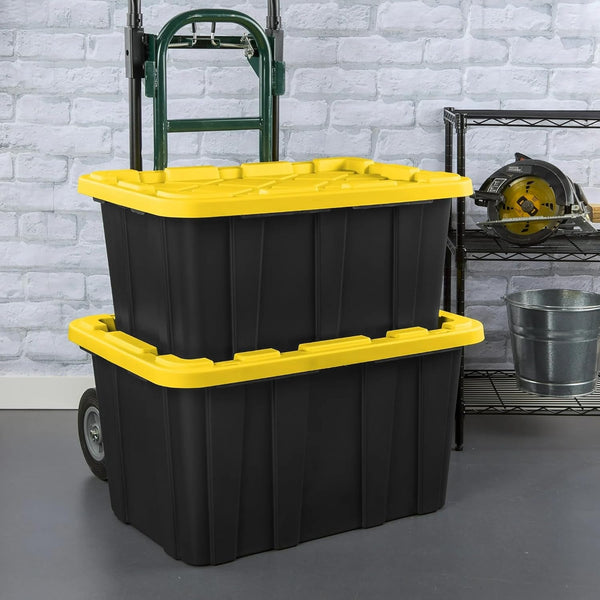 6-Pack 27-Gallon Industrial Totes - Rugged Black & Yellow Plastic Storage Bins with Secure Snap-On Lids, Stackable Design for Garage, Warehouse or Workshop Organization5