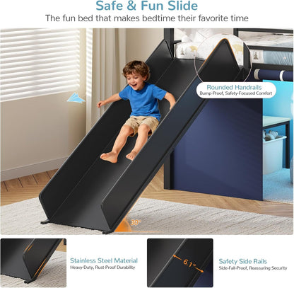 Twin Low Loft Bed with Slide and Safety Staircase, 2 Storage Drawers, Kids Twin Size Loft Bed with LED Lights, Under-Bed Play Tent, Built-In Desk, Metal Loft Bed with Safety Guardrail, Black and Blue3
