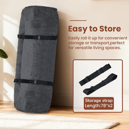 10" Futon Mattress Queen Size,Futons Sofa Couch Bed with Straps, Thick Corduroy Floor Mattress for Adults, Roll up Folding Mattress Shredded Foam Filling, Medium Firm (Gray, Full)8