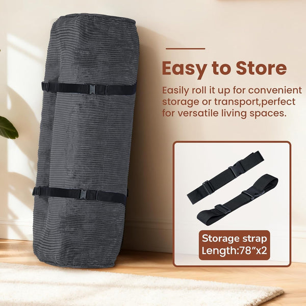 10" Futon Mattress Queen Size,Futons Sofa Couch Bed with Straps, Thick Corduroy Floor Mattress for Adults, Roll up Folding Mattress Shredded Foam Filling, Medium Firm (Gray, Full)8