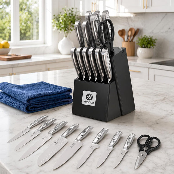 15PCS Kitchen Knife Set with Block,High Carbon Stainless Steel,Black | Built-In Sharpener,Dishwasher Safe,Ergonomic Non-Slip Handle,Space-Saving Knife Block,Ideal for Daily Cooking & Gifts2