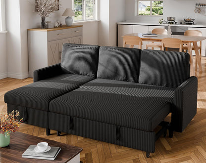 77 Inch Sectional Sleeper Sofa with Pull Out Bed, Modern L-Shaped Corduroy Convertible Couch with Storage Chaise, Reversible Sofa Bed for Small Spaces, Apartment, Black8