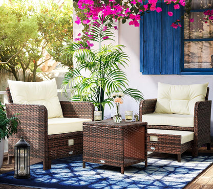 5 Pieces Patio Furniture Set, Rattan Balcony Furniture with Ottomans, PE Wicker Outdoor Patio Chairs Set with Coffee Table for Poolside, Porch, Lawn, Garden, Balcony(Beige)2