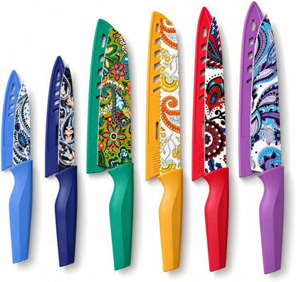 Paisley Pattern Knife Set with Cover | Dishwasher Safe, 6 Knife Sheath, German Stainless Steel, Rainbow Colorful Design1