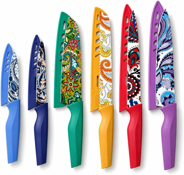 Paisley Pattern Knife Set with Cover | Dishwasher Safe, 6 Knife Sheath, German Stainless Steel, Rainbow Colorful Design1