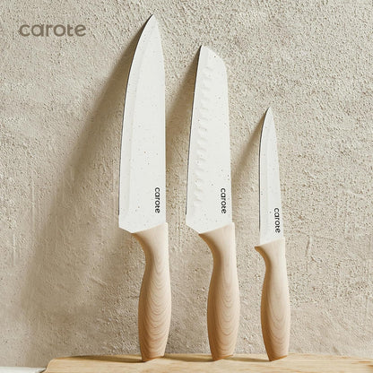12-Piece Knife Set, Knives with Wood-Grain Finish Handles, White | 6 Blade Guards, Stainless Steel Blades, Ceramic Nonstick Coating, Long-Lasting Sharpness, Rust-Resistant, Camping, RV7